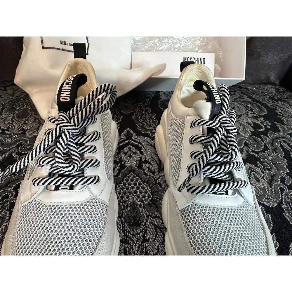 Moschino Shoes Womens 7 Teddy Bear Sneakers White Grey‎ Chunky Designer Mesh Box